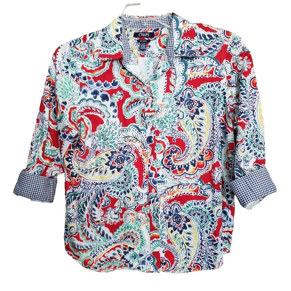Chaps Petite No Iron Red Paisley Flip-Cuff 3/4 Sleeve Button-Up Shirt Size PL